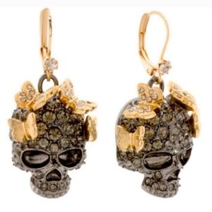Betsey Johnson  Gold Butterfly  Gun Metal Tone SKULL Crystal  Earrings